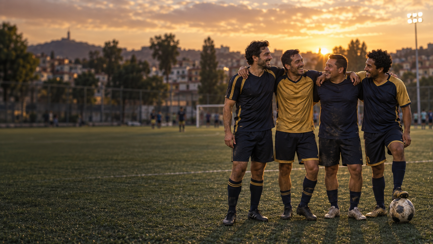 Jugadores de Maestros de las Pichangas reunidos al atardecer