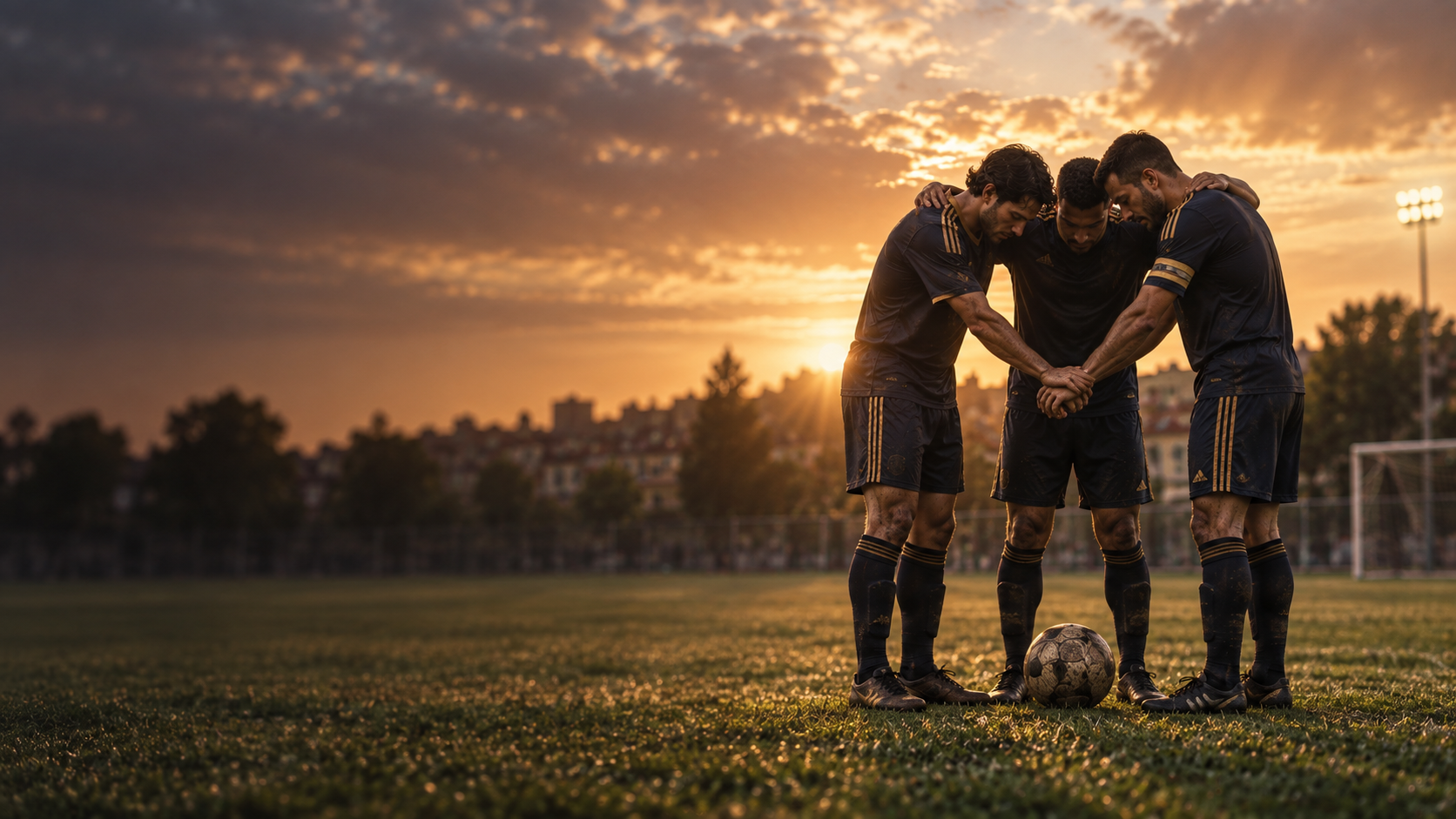 Tres compañeros de equipo unen sus manos en una cancha al atardecer