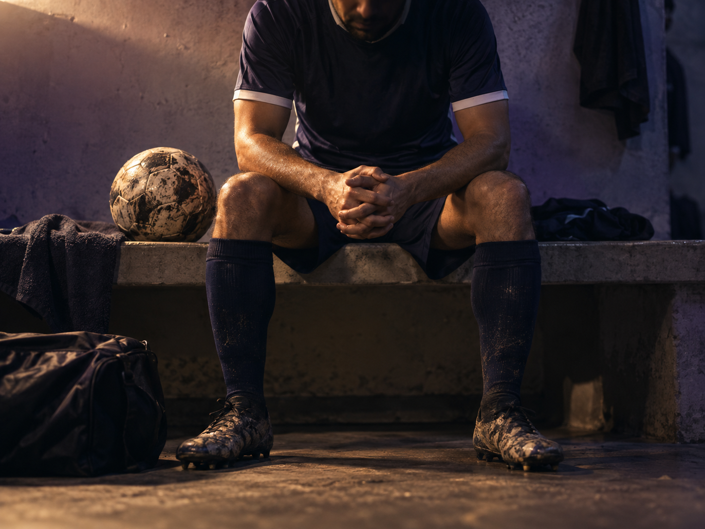 Un futbolista reflexiona sentado en el vestuario junto a su pelota