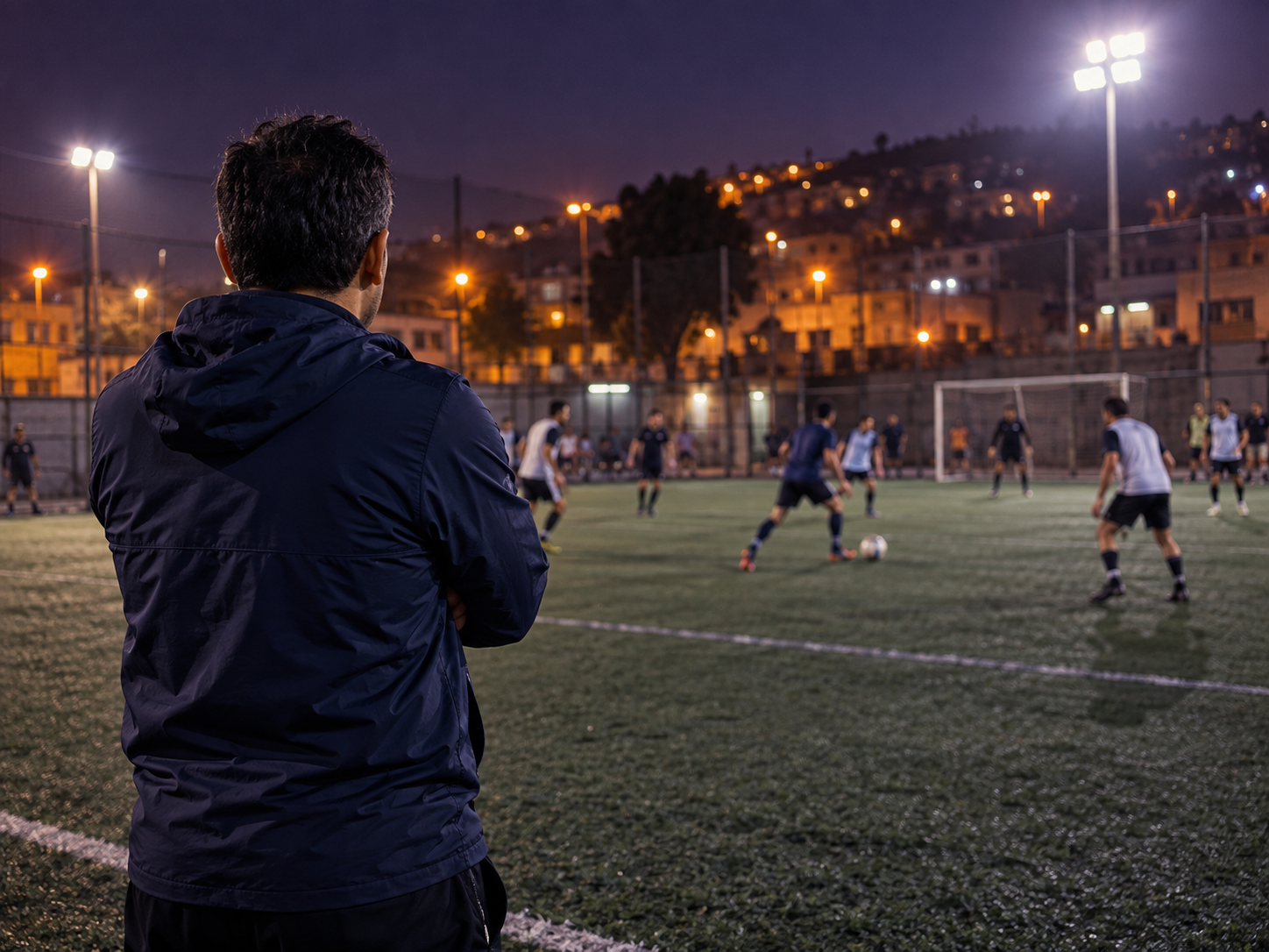 Un observador sigue el desarrollo de una pichanga desde el borde de la cancha