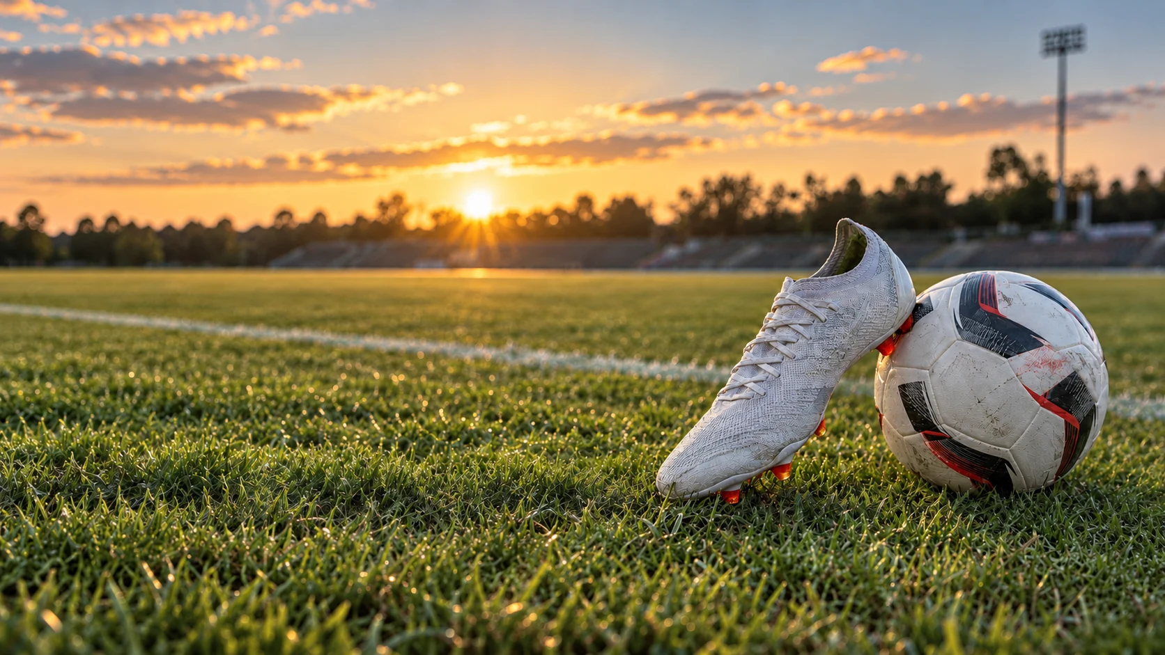 Botín y pelota de fútbol sobre una cancha al atardecer